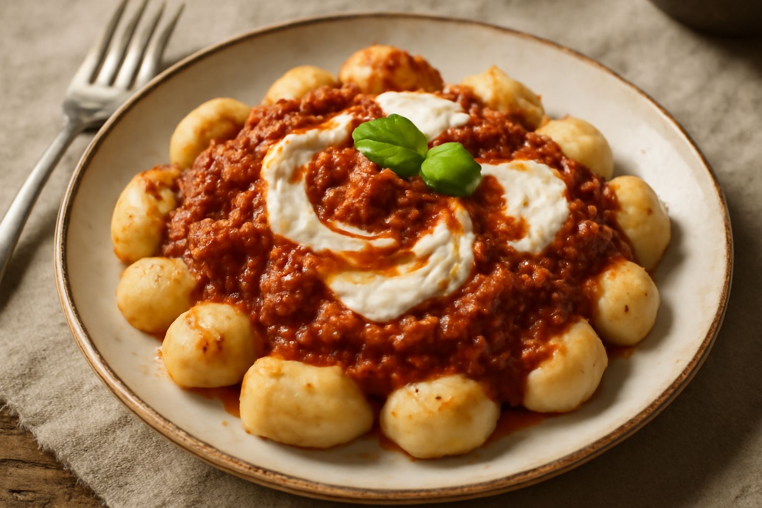 Piatto di «pani cunzatu» appena impiattato: gnocchi biancastri di patata ricoperti di ragù rosso scuro, ricotta bianca a vortici sulla superficie, pepe nero macinato, prezzemolo fresco verde, piatto b
