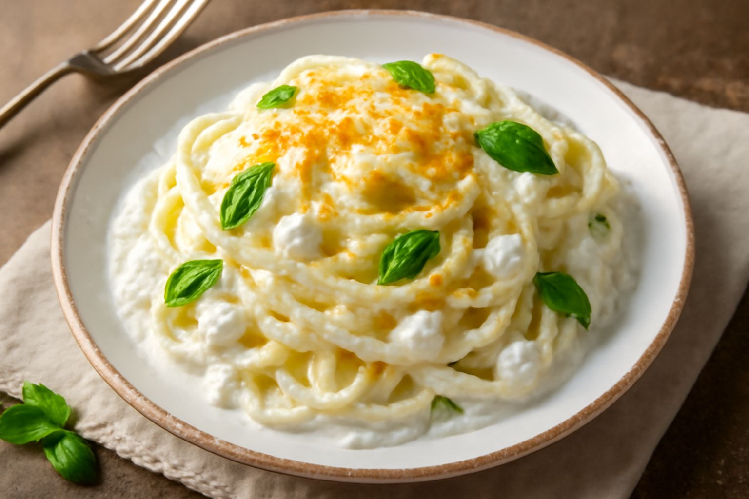 Piatto di pasta bianca e filante con ricotta cremosa, formaggio grattugiato dorato, foglie di basilico verde e pepe nero, servito su piatto bianco con cucchiaio