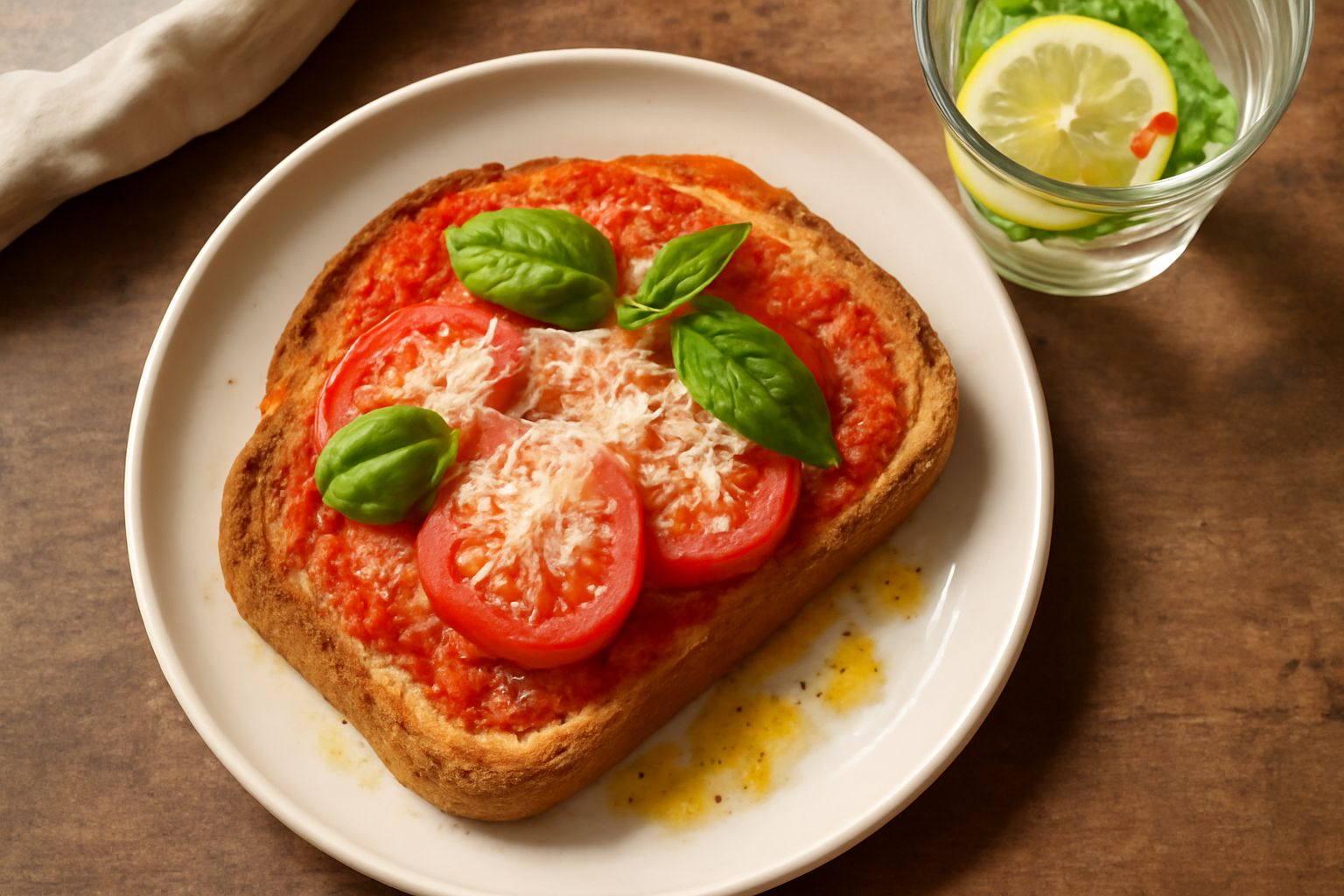 Un bicchiere trasparente con acqua limpida aromatica, foglie di basilico fresco visibili, fettine di limone galleggianti, peperoncino rosso affettato, sfondo bianco luminoso