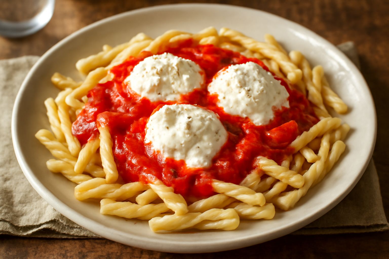 Piatto di pasta fresca bianca condita con salsa di pomodoro rosso vivo e ricotta bianca a cucchiaiate, con qualche foglia di basilico verde, olio d'oliva in evidenza, impiattamento semplice su piatto 
