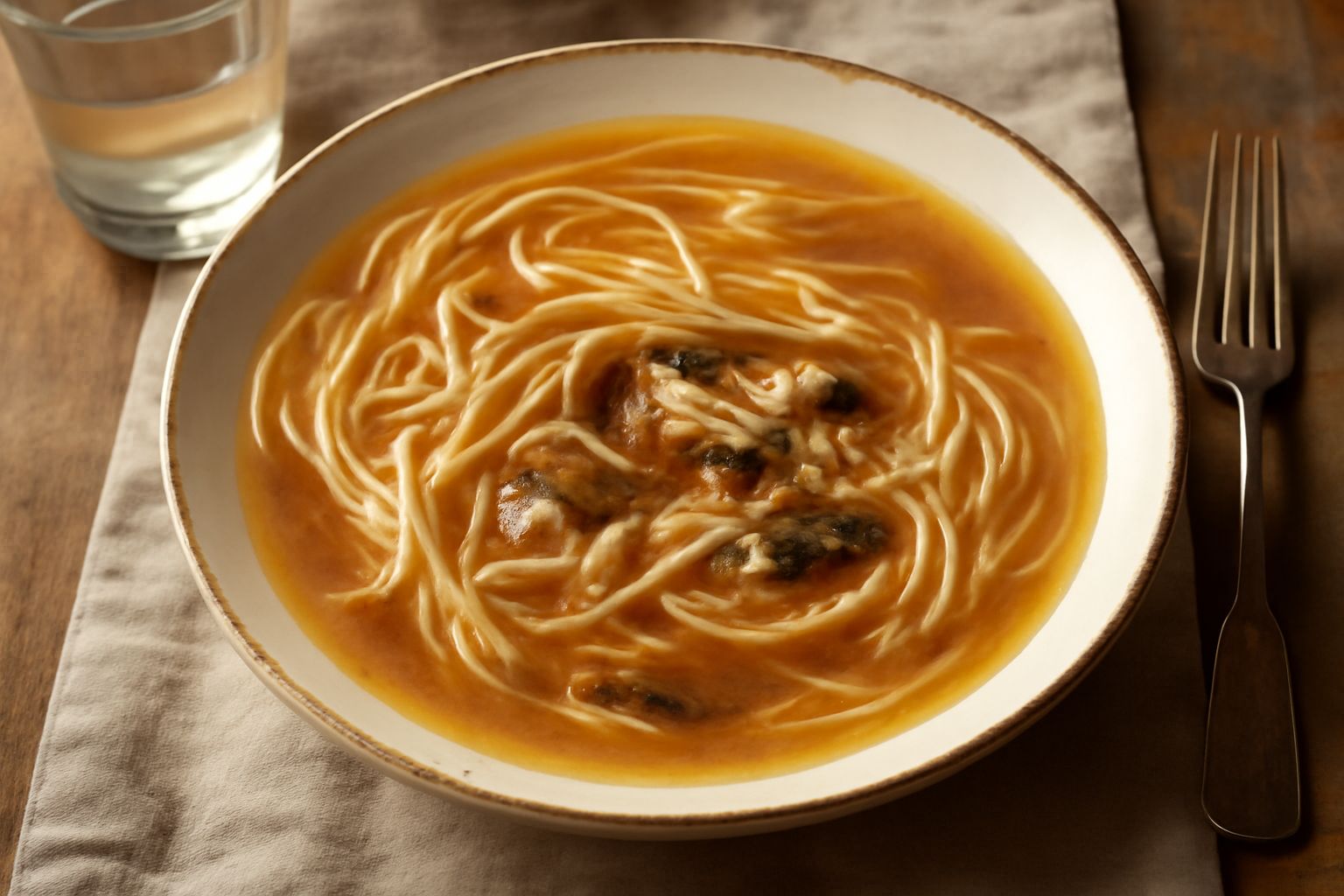 Un piatto di ceramica bianca con pasta liscia bagnata in brodo di colore ambrato, sardelle intere visibili fra gli spaghetti, gocce di olio lucido in superficie, peperoncino rosso sbriciolato sopra, a