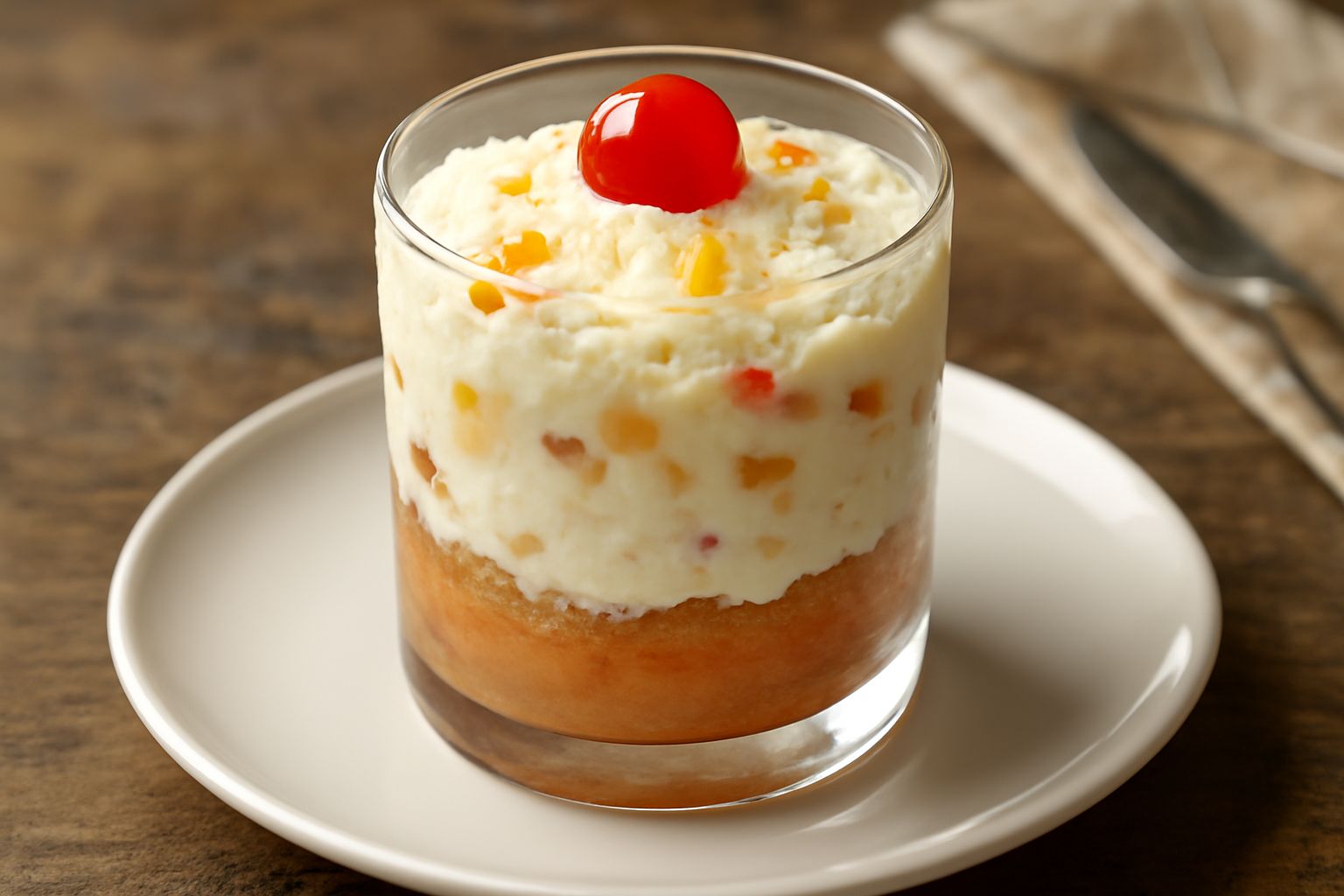 Pani de casu in bicchiere di vetro trasparente: strati di pan di spagna bagnato, crema di ricotta bianca e pezzi di frutta candita gialla e rossa, guarnito con ciliegia candita in cima, servito su pia