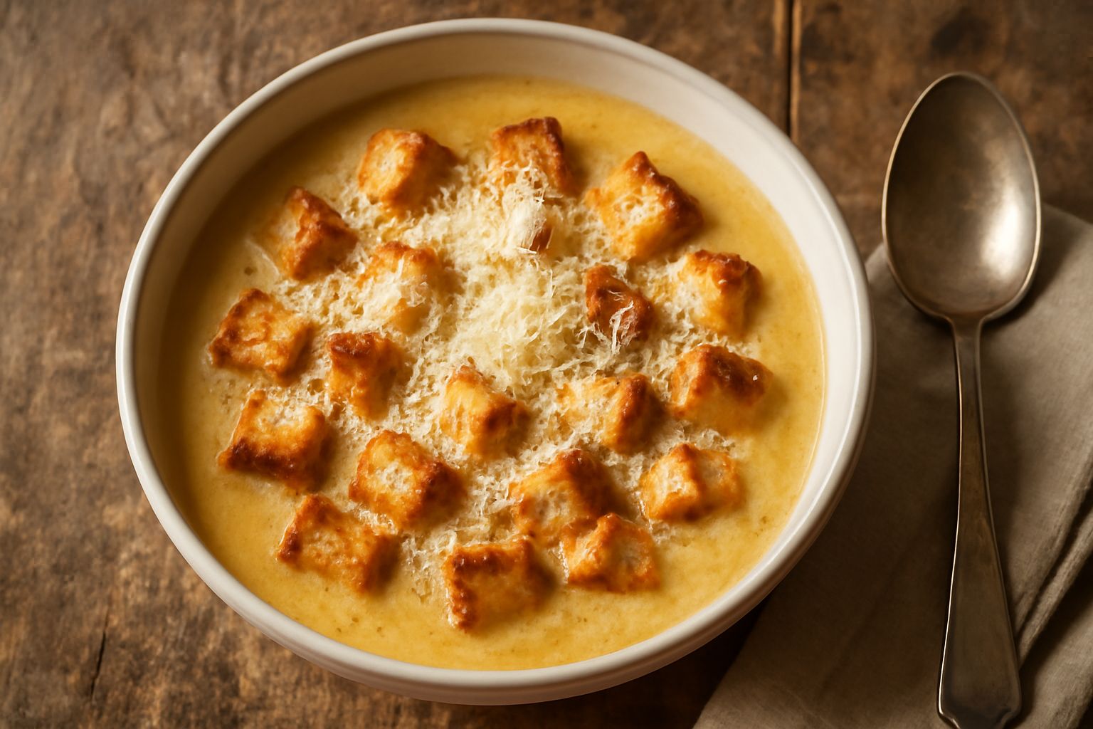 Ciotola di ceramica bianca con minestra cremosa giallo-dorata, pezzi di pane tostato galleggianti, grattugia di formaggio grattugiato sulla superficie, cucchiaio di legno appoggiato, vapore ancora vis