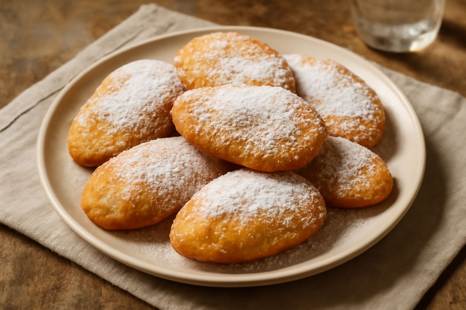 Tre pani di Sardegna appena fritti, color oro intenso, di forma ovale e irregolare, ricoperti di zucchero a velo bianco, disposti su piatto di ceramica bianca con sfondo sfumato grigio
