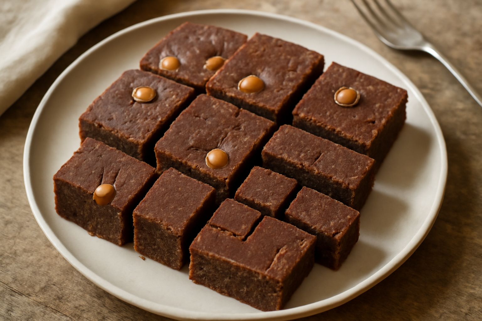 Pani de semula niedda tagliato a quadrati su un piatto bianco, superficie marrone scura, guarnito con nocciole intere e una spolverata di cannella, sfondo beige sfocato