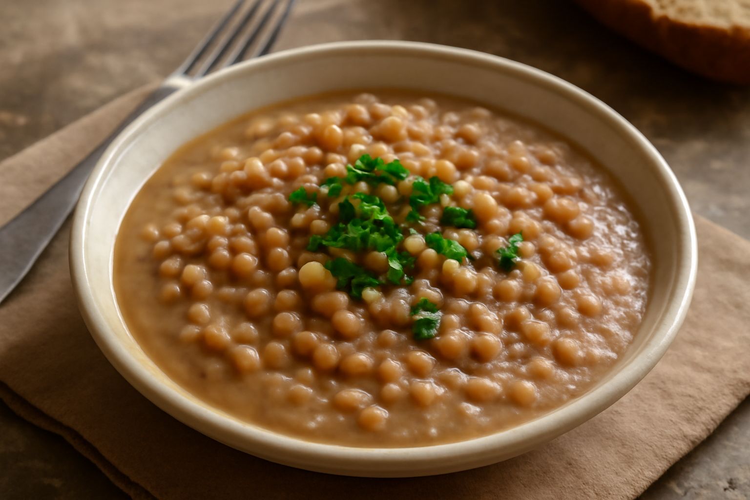 Ciotola di ceramica bianca contenente pani de trigu: minestra densa di colore beige con chicchi di grano gonfi visibili, brodo cremoso, guarnita con prezzemolo fresco verde scuro e un filo di olio d'o