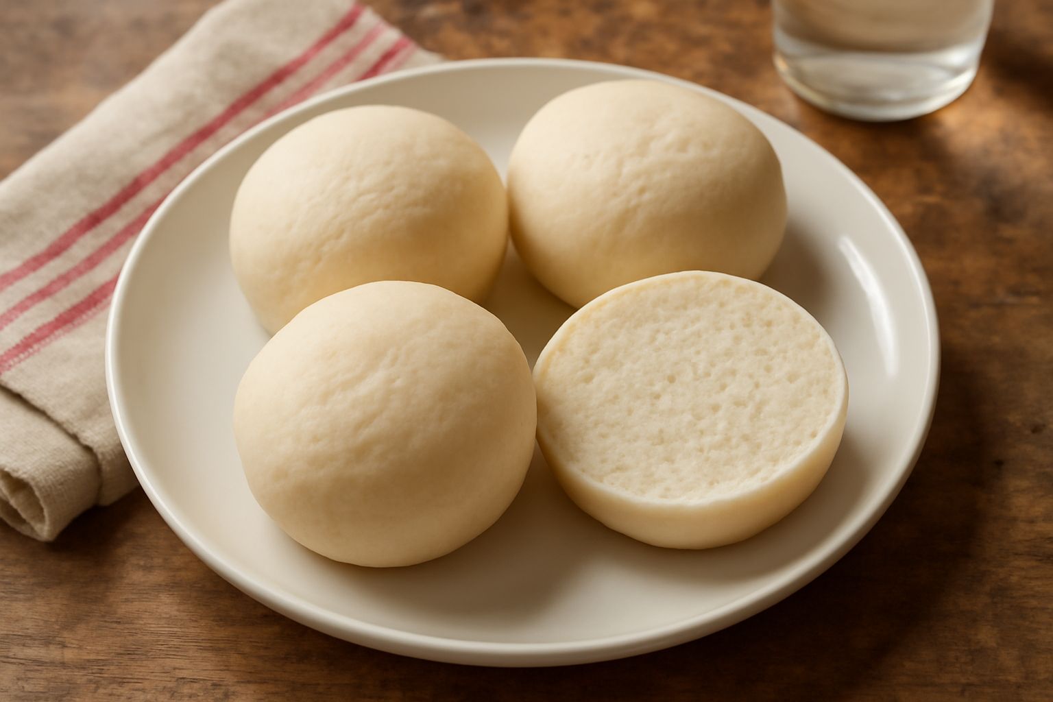 Tre pani di grano tondi e dorati appena cotti, sistemati su un piatto bianco con un filo d'olio d'oliva, con sfondo di un canovaccio rosso e una ciotola di farina di semola