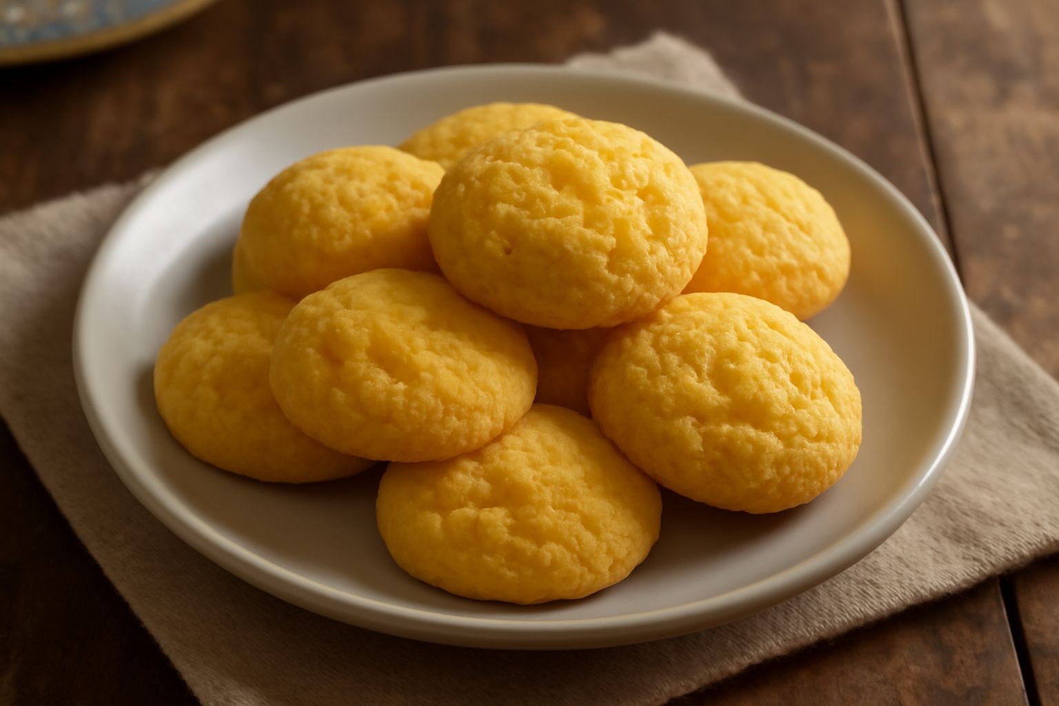 Pani di grano duro disposti su un piatto bianco, tondi e dorati, con una superficie leggermente rugosa e friabile, accompagnati da una tazza di caffè