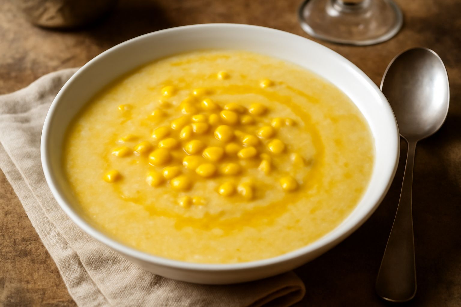 Ciotola di pani di granturco fumante con chicchi di mais giallo brillante in brodo trasparente, sedano e cipolla soffritti, servita in piatto bianco con cucchiaio