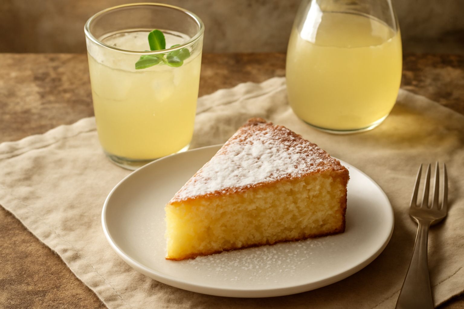 Bicchiere trasparente riempito di pani di limone giallo-chiaro con cubetti di ghiaccio, foglie di menta fresca galleggianti e una fetta di limone sul bordo