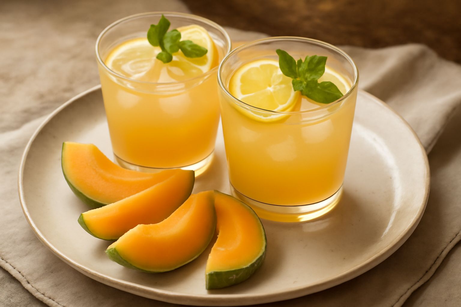Un bicchiere trasparente con pani di melone giallo-arancio, ghiaccio, fettina di limone e qualche foglia di menta fresca, su sfondo bianco