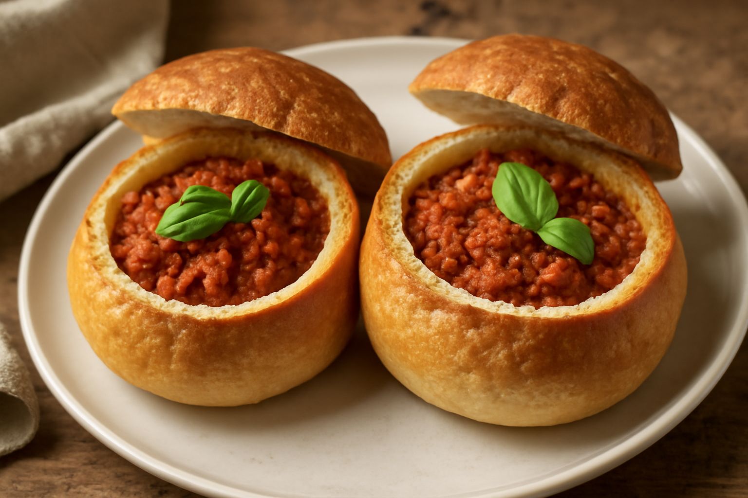Due panini dorati e croccanti riempiti di polpa rossa e salsa, disposti su un piatto bianco, con una fetta di panino che mostra il ripieno interno
