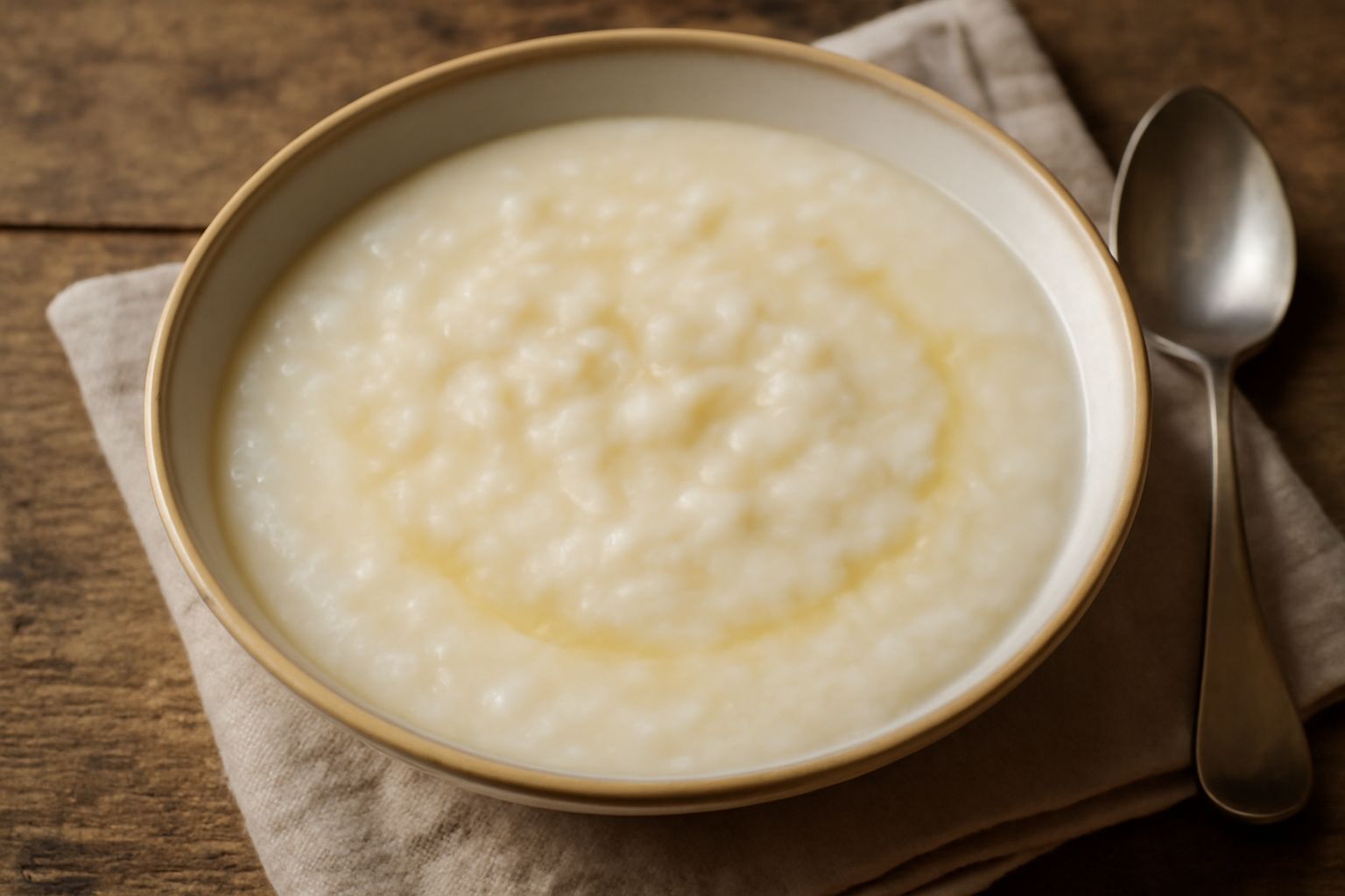 Una ciotola bianca colma di minestra di riso cremosa e bianca, con gocce di brodo trasparente in superficie, guarnita con un filo d'olio d'oliva e qualche chicco di riso visibile