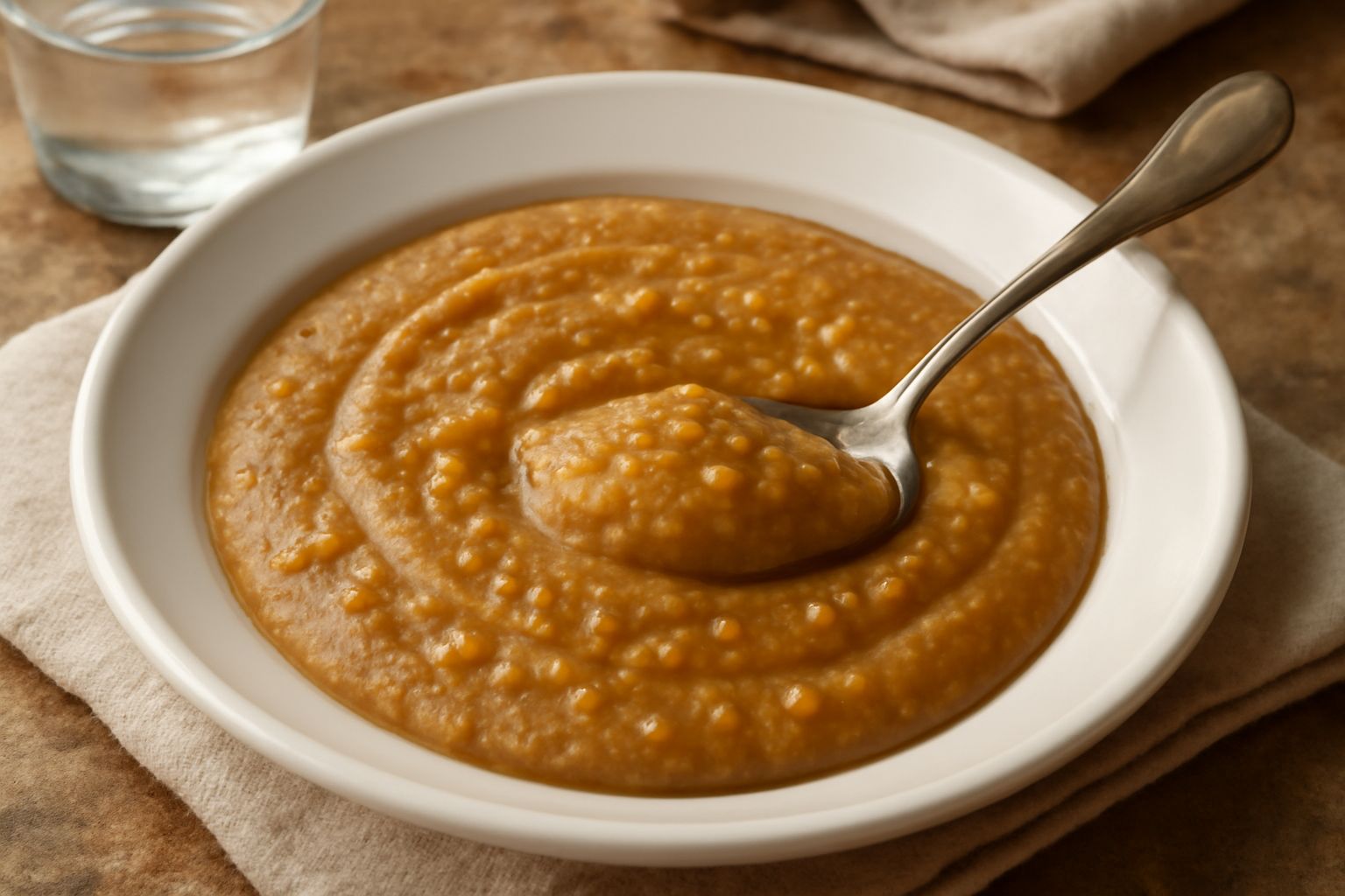 Ciotola di vetro con pani di semula color nocciola, cremoso e liscio, guarnito con mandorle tostate e gocce di miele, servito con cucchiaino da dessert su tavolo di marmo