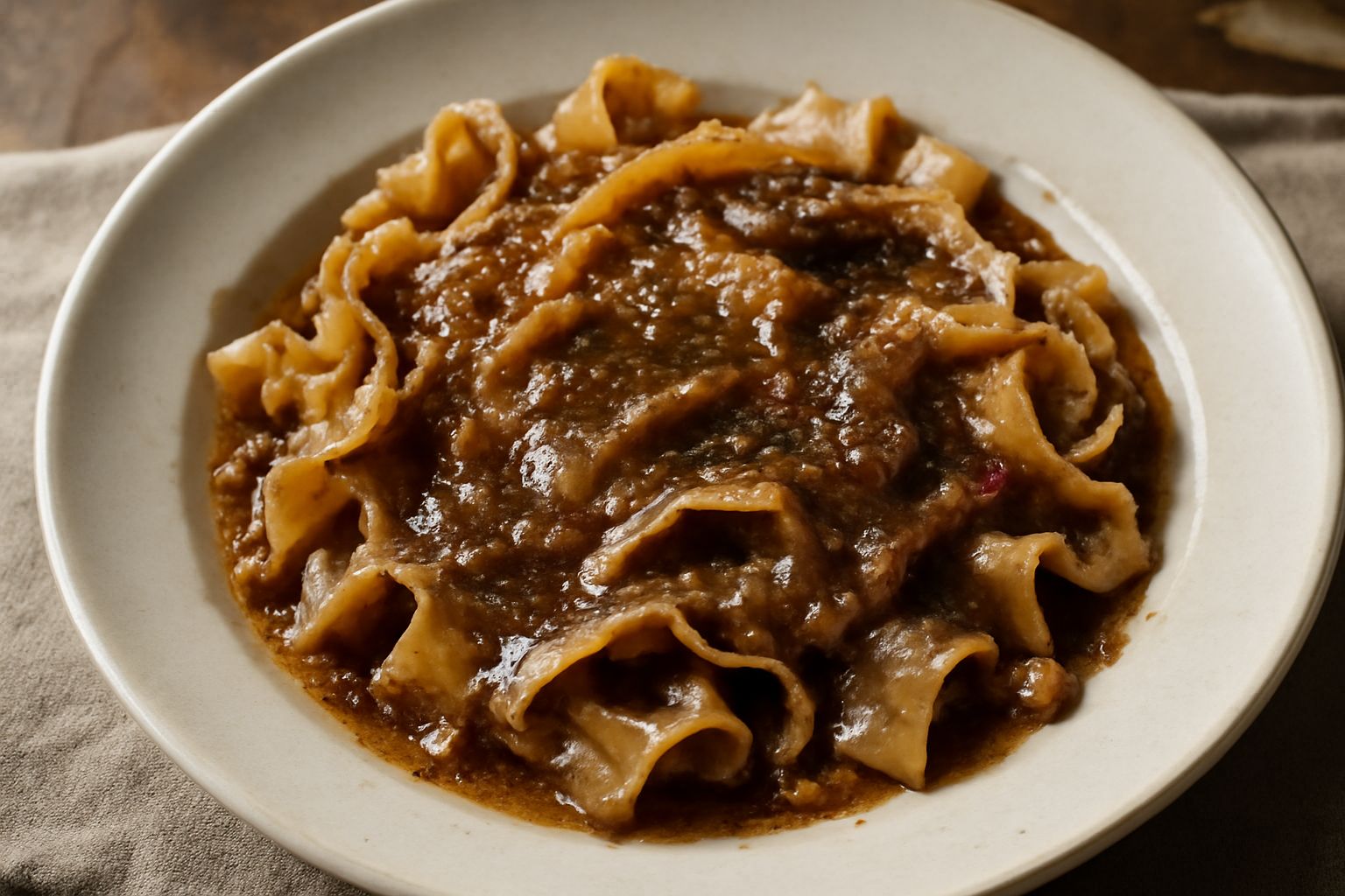 Piatto di ceramica bianca con pasta fresca ondulata condita di salsa marrone scuro di acciughe e pomodoro, filo di olio verde oliva, spicchi di aglio tostato dorato ai bordi, prezzemolo tritato fresco