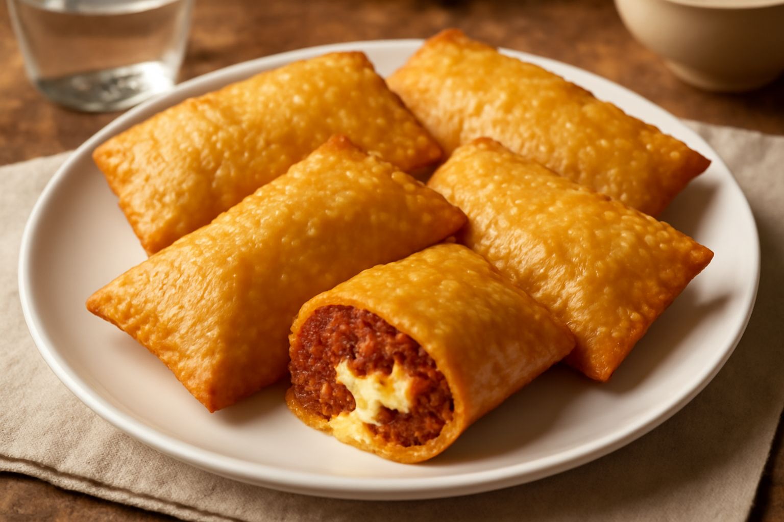 Tre pani e ca' mussi dorati e croccanti su un piatto bianco, ripieni di ragù e mozzarella filante visibile al taglio, contornati da un tovagliolo di carta