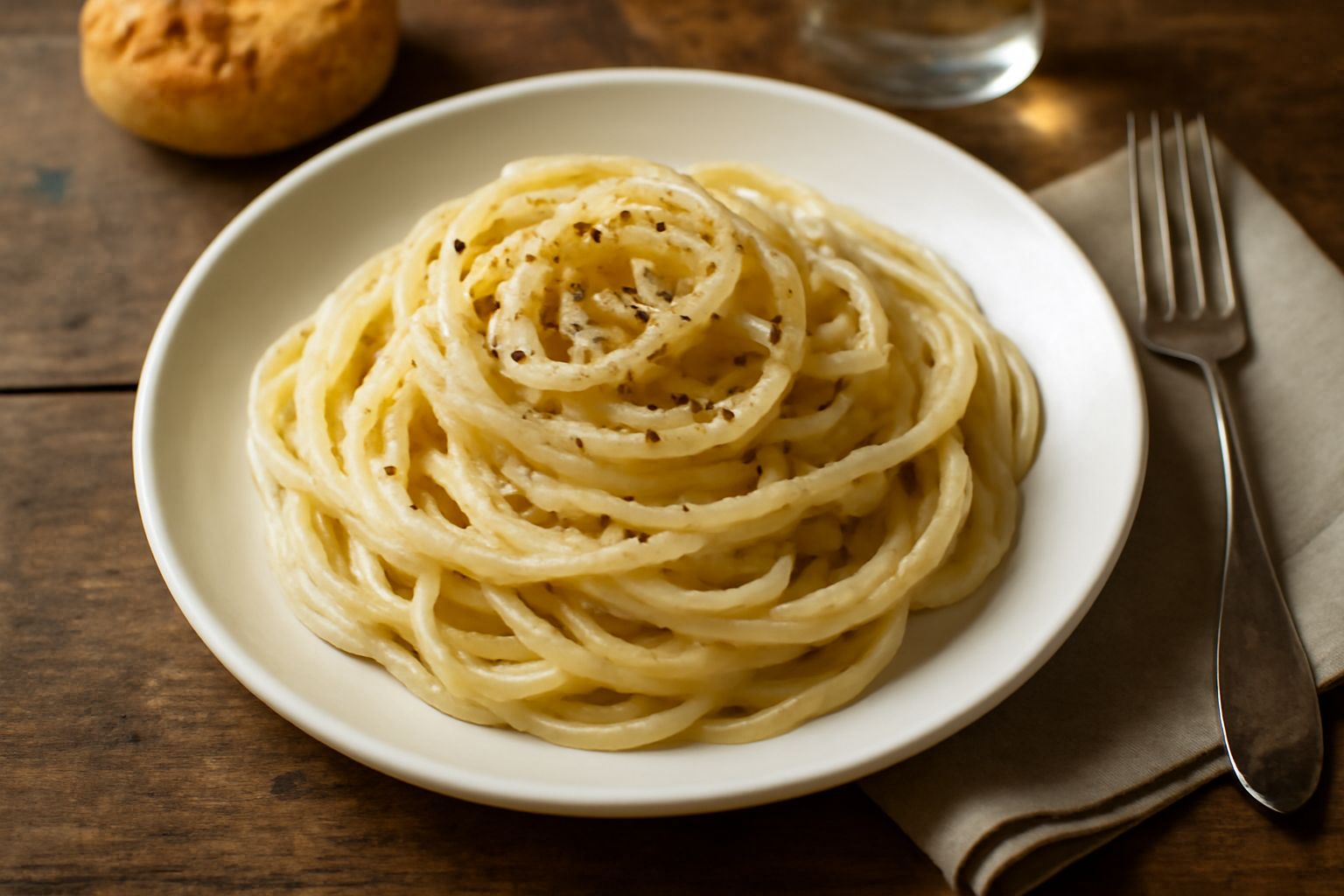 Piatto di pasta cremosa di colore bianco avorio con pasta lunga intrecciata, formaggio grattugiato fine e grani di pepe nero visibili, in un piatto bianco fondo con un filo di olio in superficie
