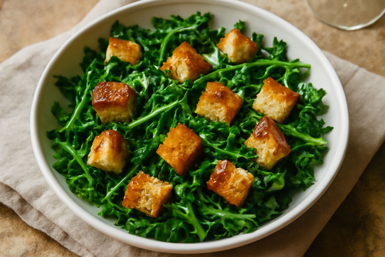 Ciotola di pani e cicoria cruda: cicoria verde scuro con foglie frastagliate, cubetti di pane dorato tostato, condimento con olio d'oliva, sfondo neutro