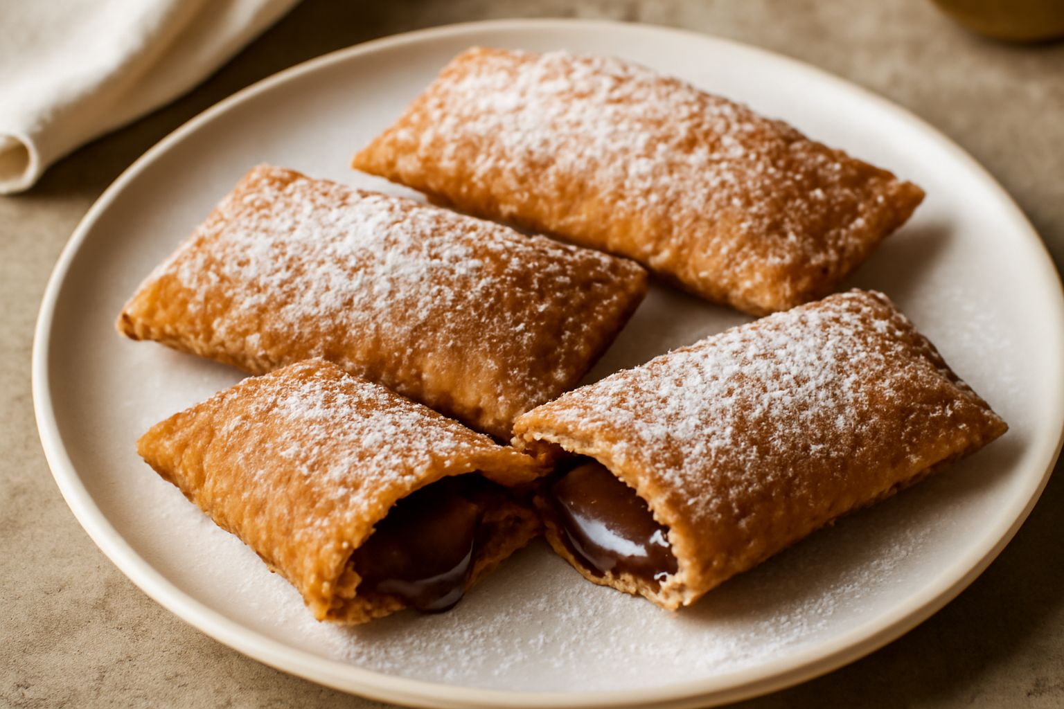 Pani e cioccolata serviti nel piatto: sfoglia dorata e croccante ricoperta di zucchero a velo, tagliata per mostrare il ripieno di cioccolato scuro e lucido che fuoriesce, con contorno di piatto bianc
