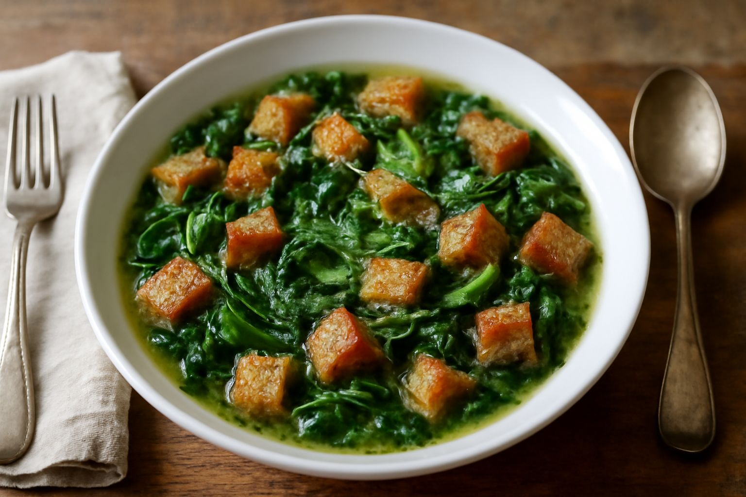 Una ciotola di terracotta con minestra Pani e Erbas: brodo chiaro con cubetti di pane tostato dorato, verdure verdi sparse, formaggio fresco grattugiato in superficie, erbe aromatiche, su un tavolo di