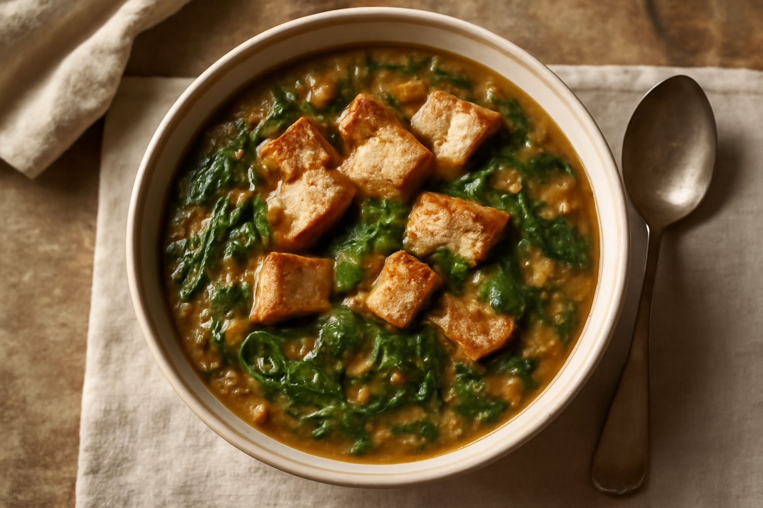 Una ciotola di terracotta con pani e erbis: minestra densa di colore verde e marrone, con legumi visibili, verdure sminuzzate, servita calda con un filo di olio d'oliva in superficie e pane tostato a 