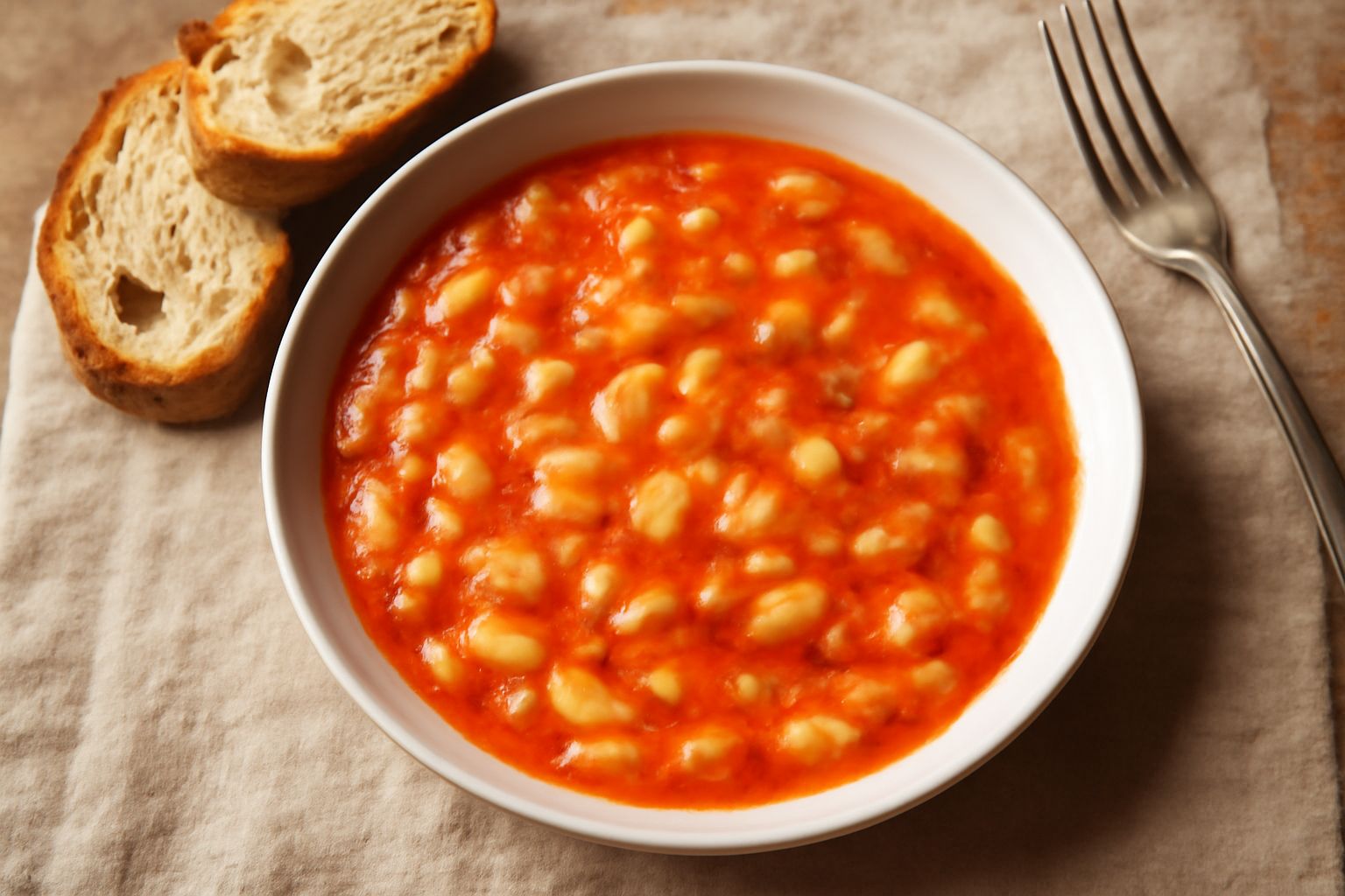 Ciotola di ceramica bianca con pani e fagioli fumante, fagioli bianchi e rosa parzialmente schiacciati immersi in brodo rosso di pomodoro, gocce d'olio d'oliva verde sulla superficie, fetta di pane to