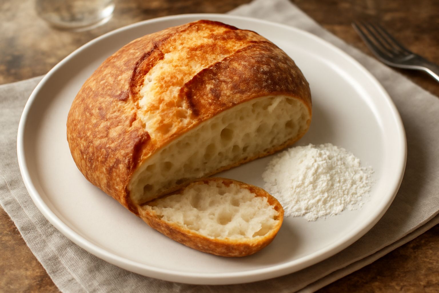 Pane tondo dorato con crosta croccante e screpolature naturali, tagliato a metà per mostrare l'interno bianco e alveolato, poggiato su un tavolo di legno con chicchi di grano