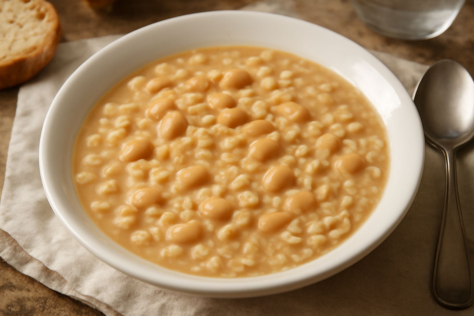 Ciotola di ceramica bianca con zuppa di fagioli e pastina, brodo trasparente color ambra, fagioli bianchi e crema beige visibile in superficie, cucchiaio di legno dentro, sfondo neutro