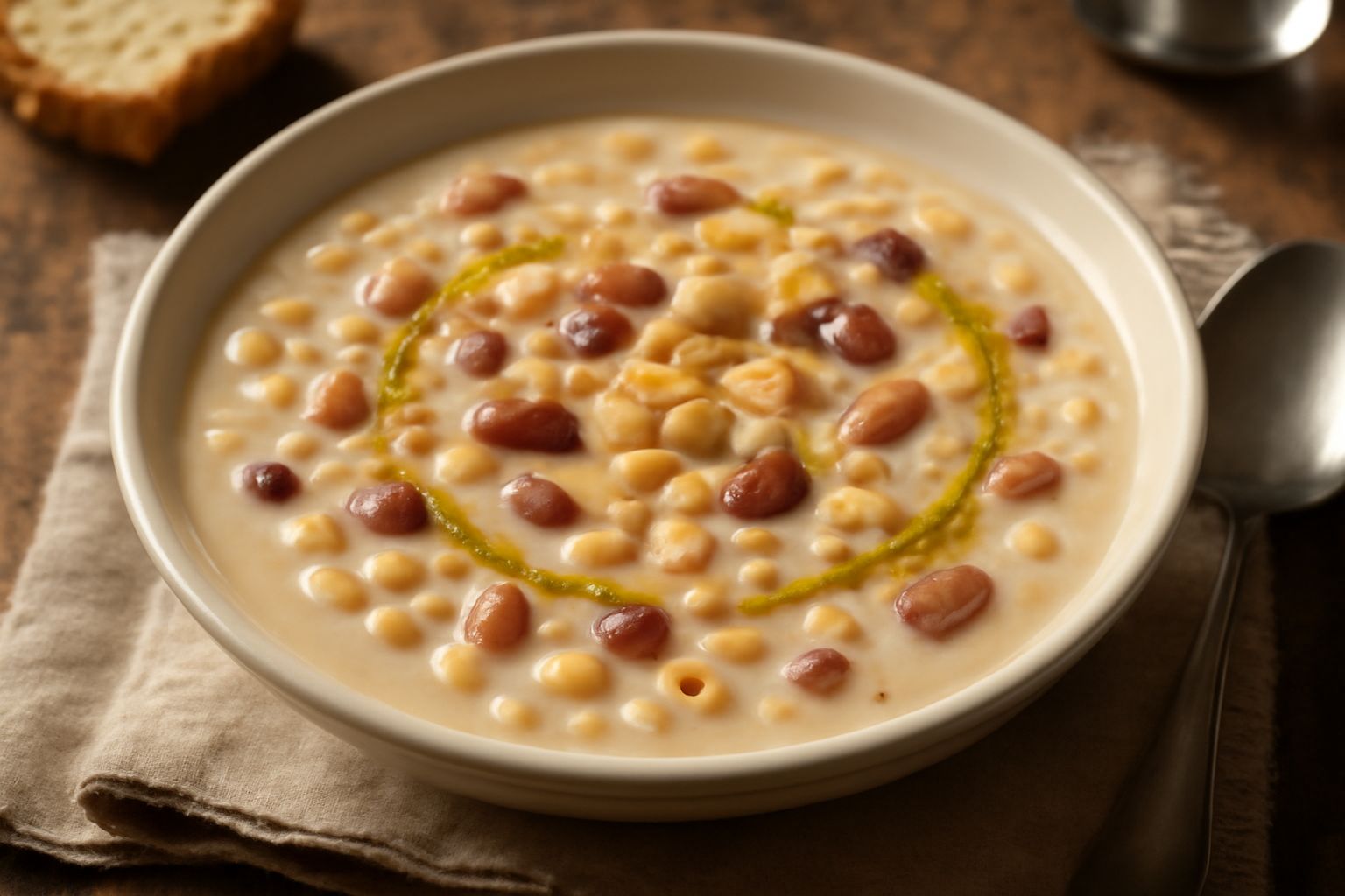 Un piatto di ceramica bianca con pasta e fagioli cremosi color avorio e marrone, fagioli interi visibili nel brodo, filo di olio d'oliva in superficie, pane tostato accanto