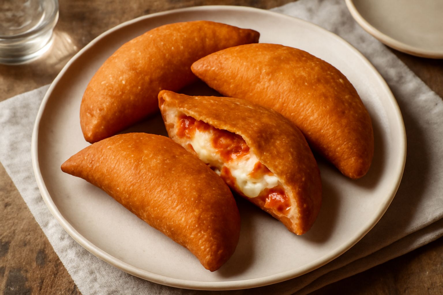 Panzerotti fritti color dorato disposti su un piatto bianco, spaccati a metà per mostrare il ripieno di mozzarella e pomodoro caldo e filante