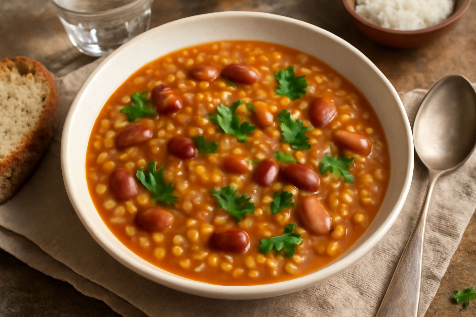 Una ciotola di ceramica bianca con zuppa di pasta piccola e fagioli rossi in brodo caldo, guarnita con gocce di olio d'oliva dorato e prezzemolo verde su un tavolo di legno
