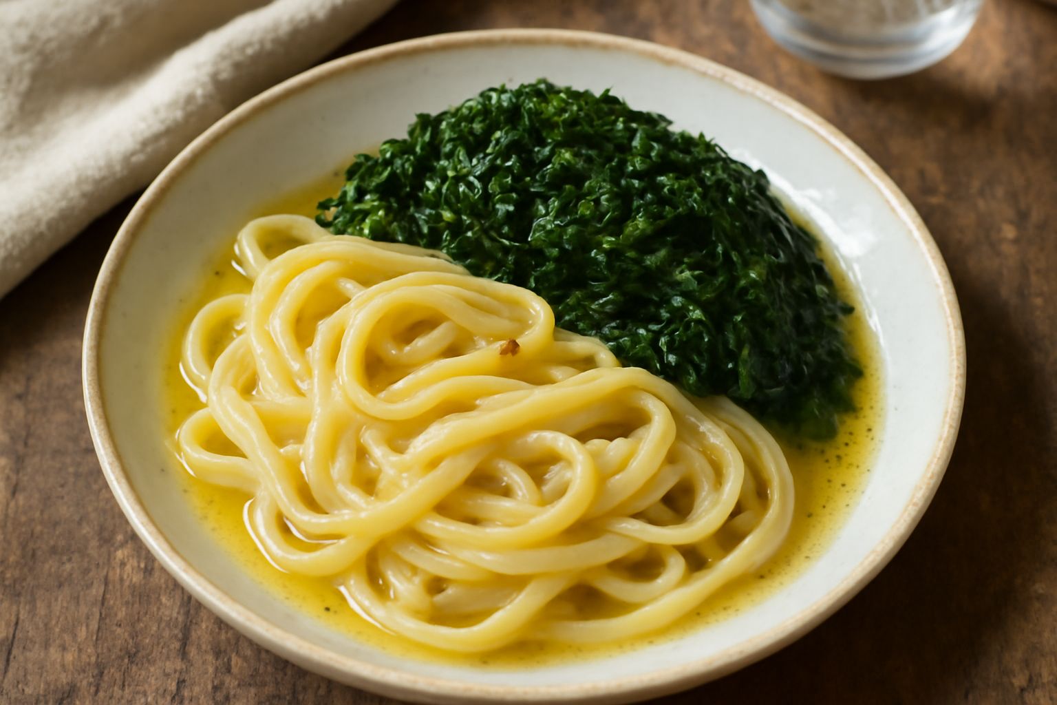 Piatto di pani e oci con pasta fresca ondulata di colore giallo, cicoria verde scuro bollita, olio dorato che brilla in superficie, aglio sbucciato, dentro una ciotola di ceramica bianca su tavolo di 