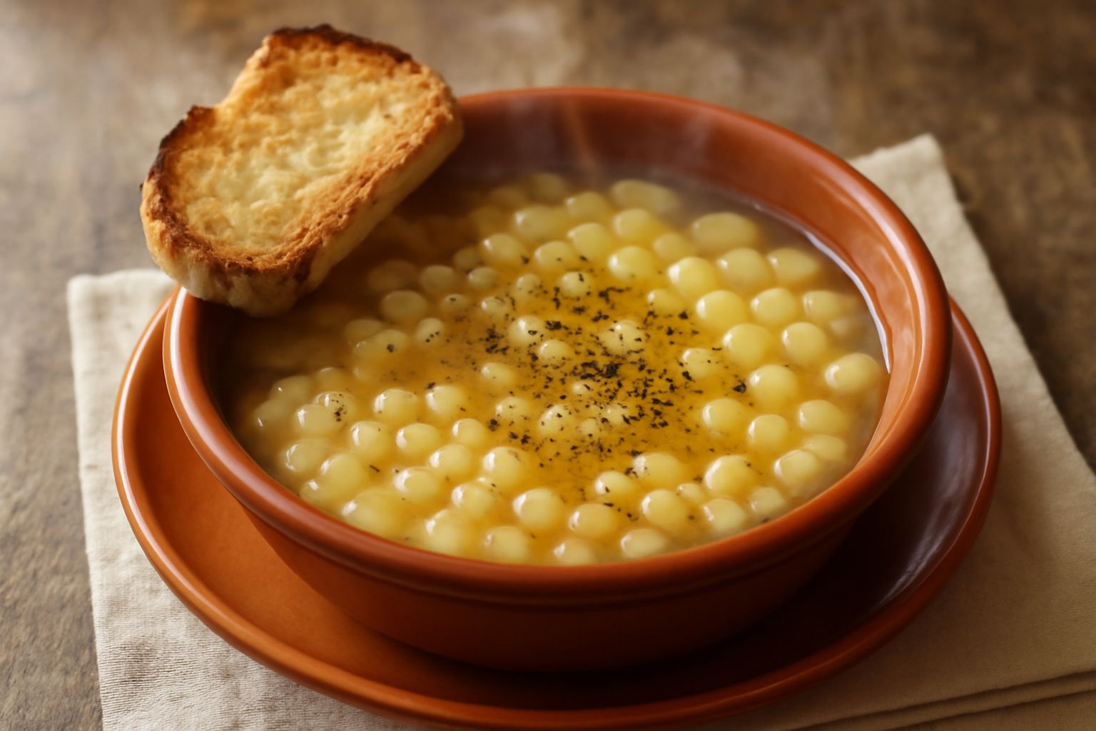 Piatto di terracotta con pasta corta in brodo leggero, olio dorato versato sopra, pepe nero macinato fresco e pane tostato accanto sul tavolo di legno