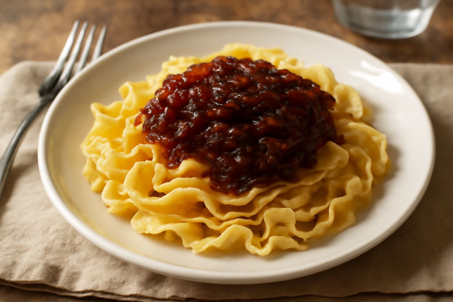 Piatto di pani e ojo con pasta fresca ondulata rivestita di cipolle dorate caramellate, olio lucido in superficie, porzione generosa su fondo bianco