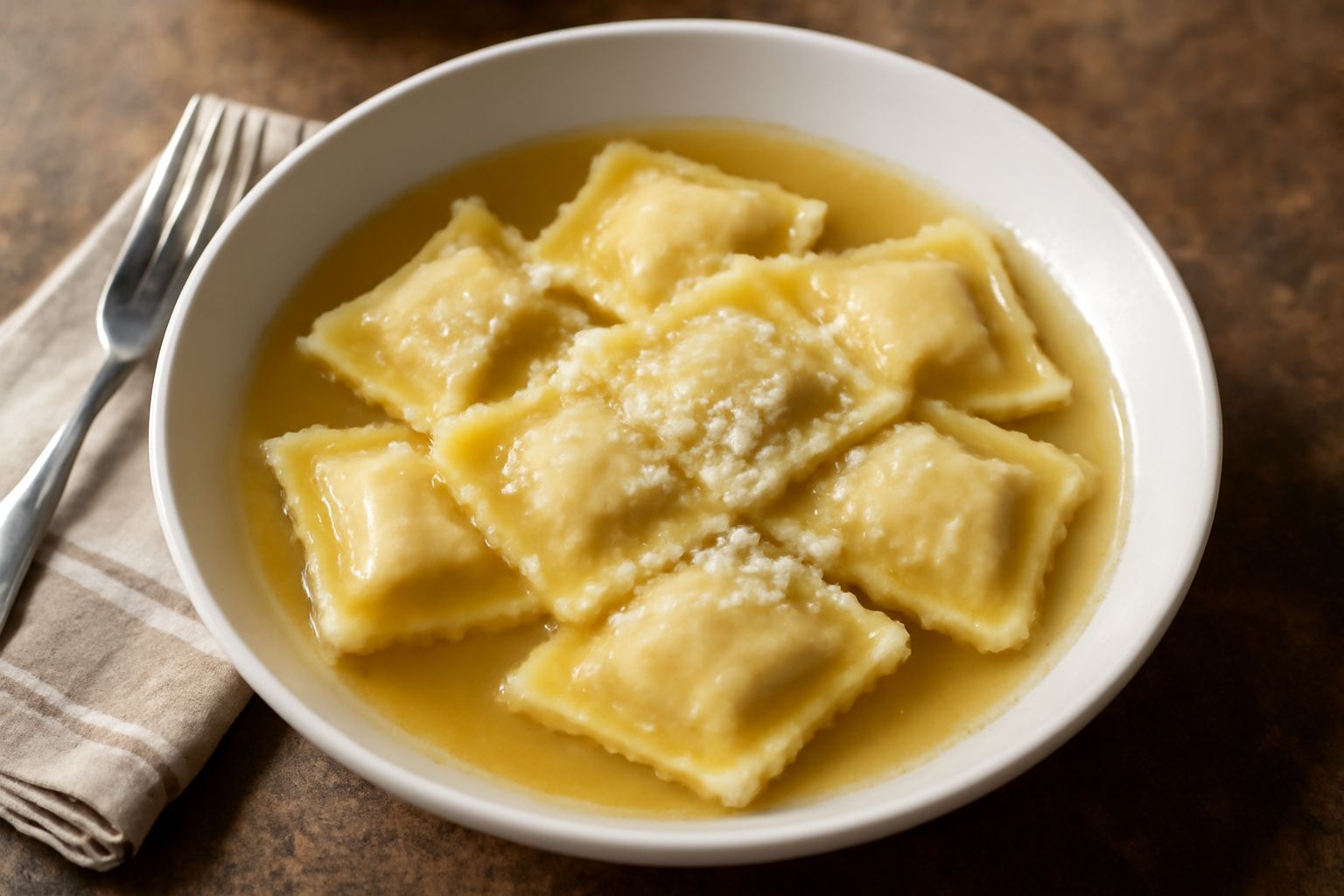 Piatto bianco con tre pani e oju in brodo trasparente, con formaggio grattugiato in superficie e qualche fettuccina di pasta visibile, su fondo neutro chiaro
