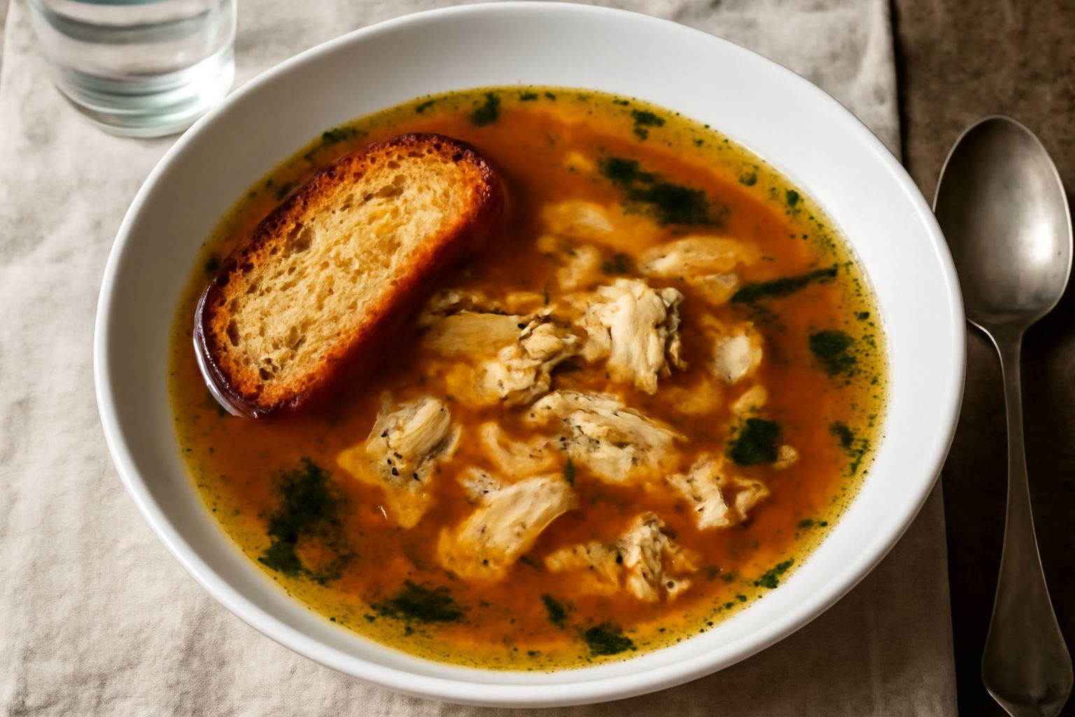 Ciotola di ceramica con brodo trasparente color ambrato, piccoli pezzi di pesce bianco, gocce di olio verde in superficie, pane tostato a lato, vapore leggero, tavolo di pietra