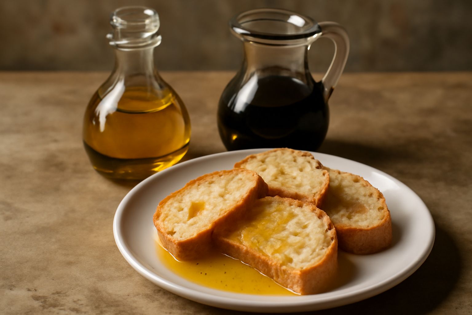 Bottiglia di olio di oliva trasparente e ampolla di aceto balsamico su tavolo di legno, accanto a verdure fresche e erbe aromatiche