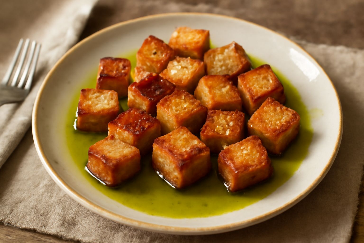 Pani e olia su piatto bianco: cubetti di pane tostato color marrone dorato, bagnati di olio verde dorato, con fili di olio che brillano, cosparso di sale grosso cristallino, vapore leggero ancora visi