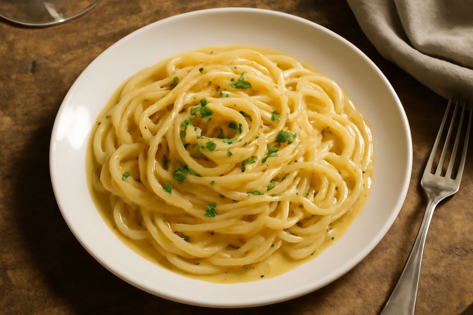 Un piatto di ceramica bianca con pasta cruda gialla, una crema densa e bianca formata da acqua e olio, cosparsa di pepe nero e prezzemolo verde fresco, con un filo d'olio dorato in superficie