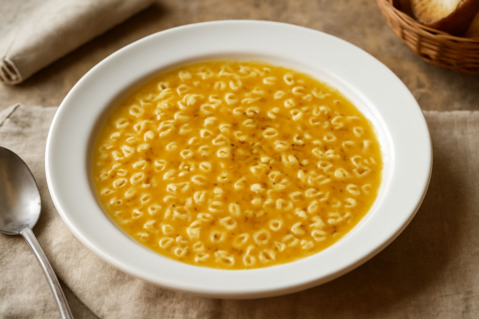 Ciotola bianca con pasta corta in brodo trasparente dorato, un filo di olio in superficie, pane tostato a lato, tavolo di legno chiaro