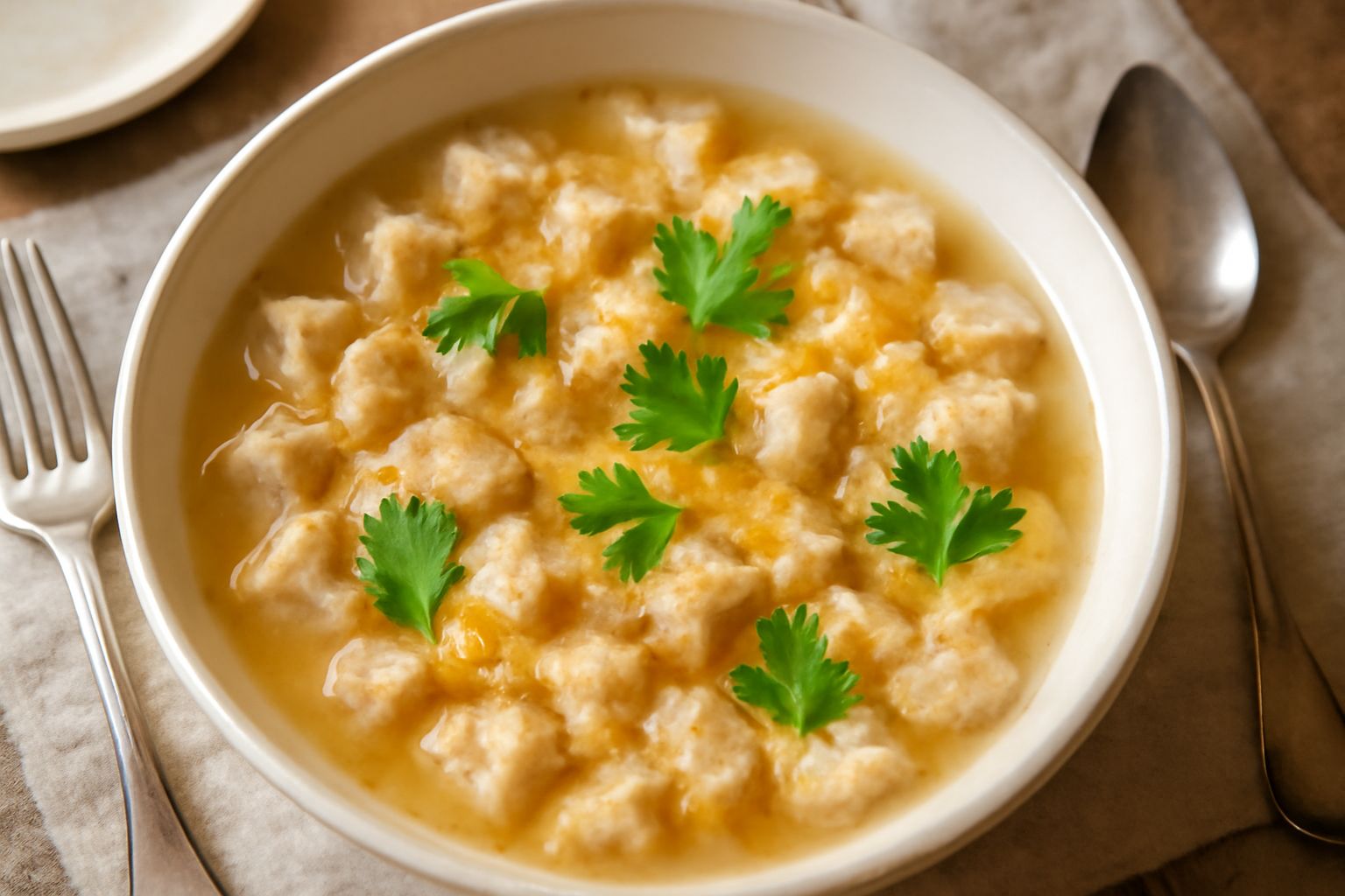Ciotola bianca con pani e ovi: brodo caldo con frammenti di pane ammorbidito, uova cotte che formano fili dorati, cosparso di pepe nero e prezzemolo fresco, servito con cucchiaio di legno