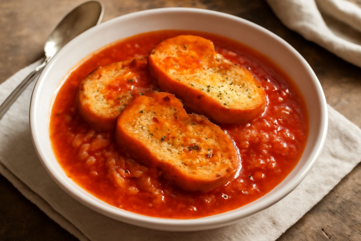 Una ciotola di pani e pancarè con fette di pane tostato galleggianti in brodo rosso di pomodoro, cipolla morbida, origano fresco in superficie, servito in piatto fondo bianco