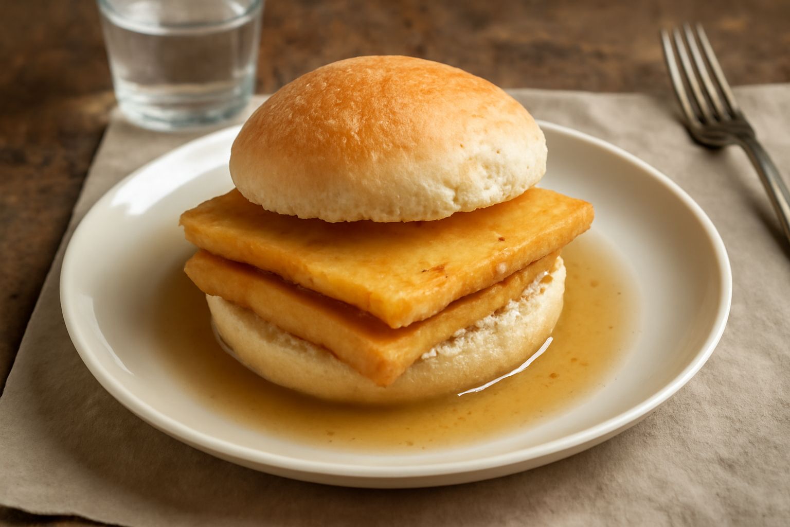 Pani e panella servito in pane bianco aperto, panelle dorate e croccanti visibili all'interno, gocce di acqua salata brillante, limone a fette accanto, su tavola di legno rustico