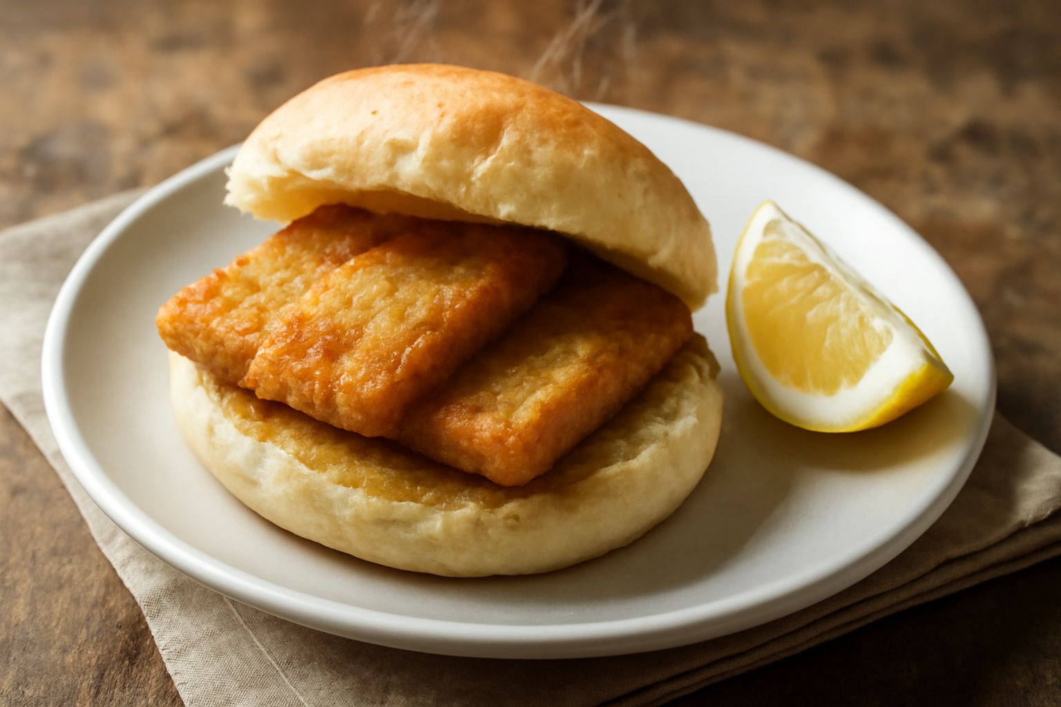Tre crocchette dorate e croccanti di pani e panelle appoggiate dentro un panino bianco, condite con salsa di limone gialla e prezzemolo verde, piatto servito dall'alto con sfondo di legno scuro