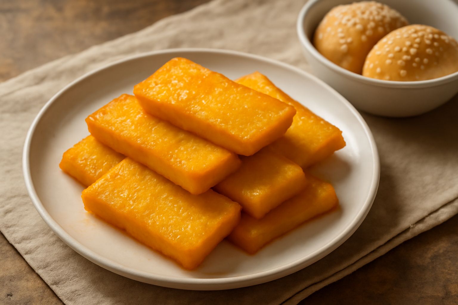 Panelle dorate e croccanti disposte su piatto bianco, leggermente sovrapposte, con una leggera doratura ai bordi, accompagnate da una ciotola di pani trasparente sullo sfondo