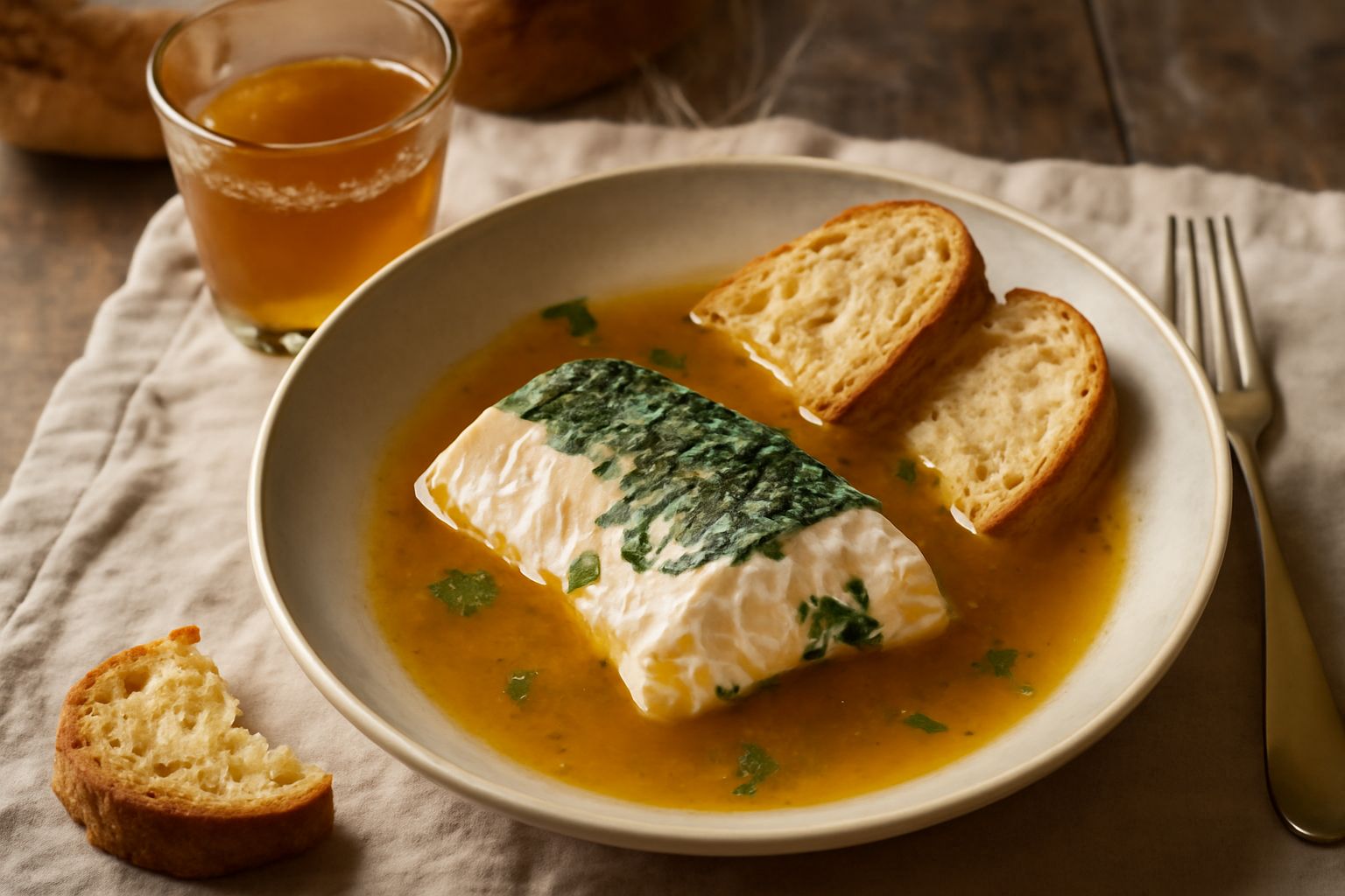 Una ciotola di porcellana bianca con brodo trasparente color ambra, guarnito con fettine sottili di limone e erba cipollina fresca, vapore appena visibile, fondo neutro bianco
