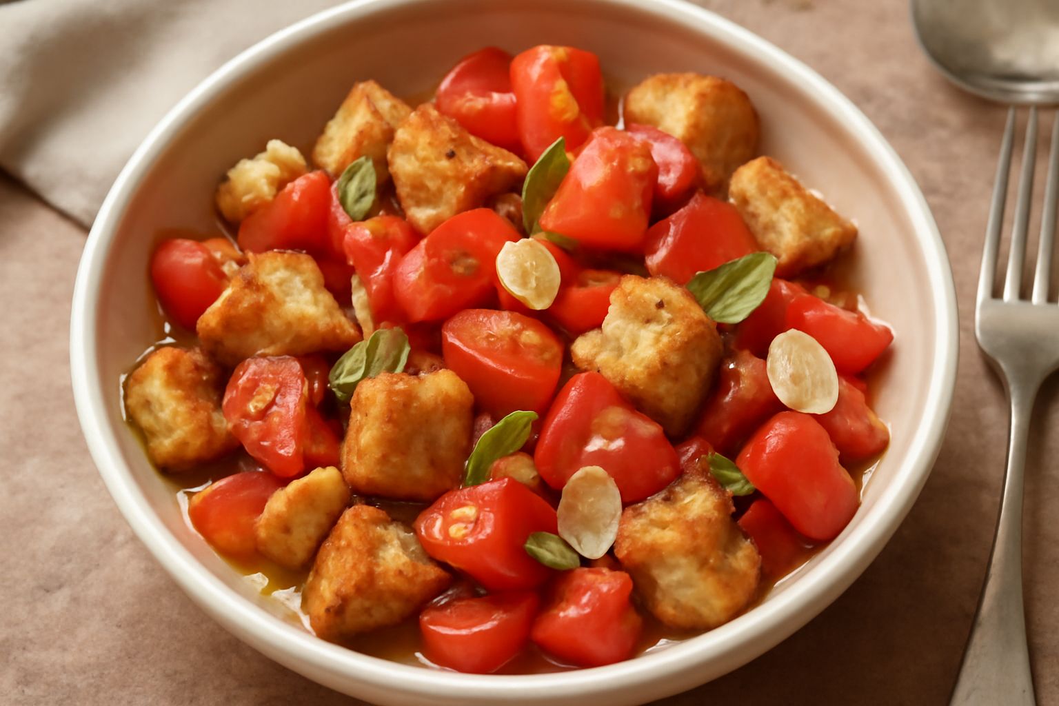 Ciotola bianca con pani e pomodori: cubetti di pane tostato dorato-marrone mischiati a pomodori rossi tagliati a cubetti, aglio fresco, olio verde e basilico, il tutto umido e appetibile