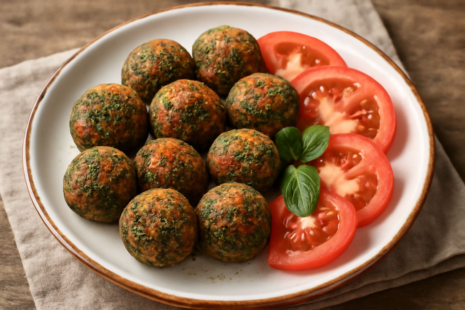 Pani e pomodoro disposti su un piatto bianco, polpettine rotonde color verde scuro dalle pomodoro, cosparse di pangrattato dorato, contornate da foglie di basilico fresco e fette di pomodoro rosso viv