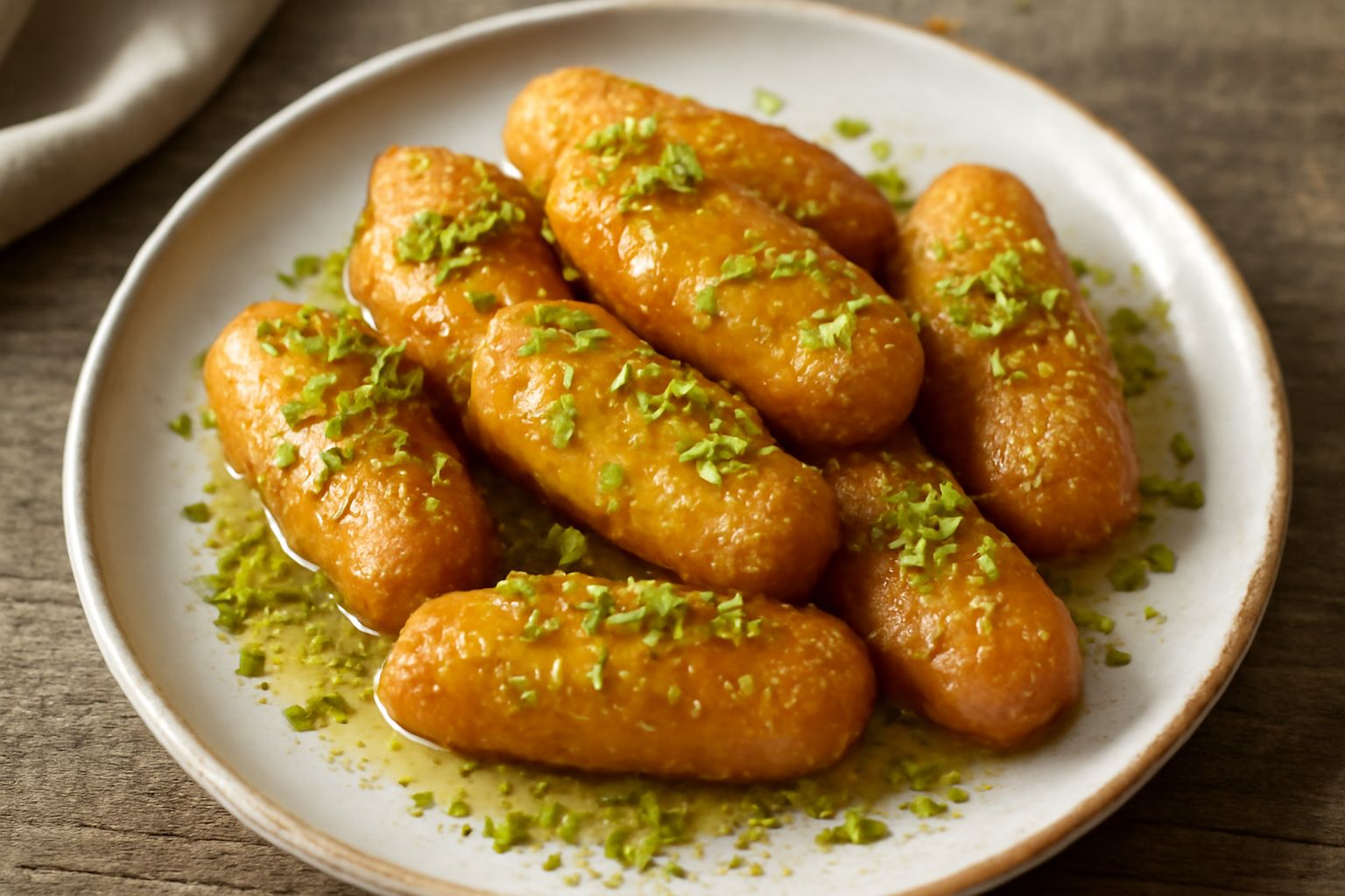 Pani e saba disposti su un piatto bianco, dorati e croccanti, ricoperti di miele trasparente che scende sui lati e decorati con granella verde di pistacchio tritato fine
