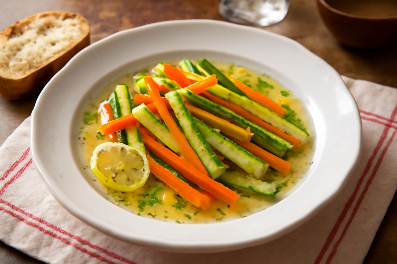 Ciotola trasparente con verdure crude tagliate (cetrioli, carote, barbabietola) immerse in acqua limpida con spezie, accompagnata da una ciotolina di salsa rossa e verde, decorata con foglie di menta 